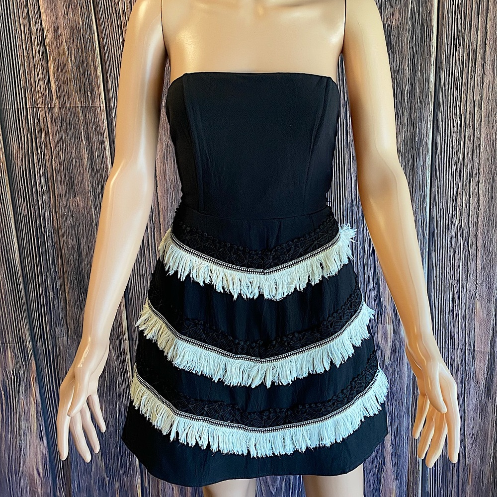 The Impeccable Pig black & cream colored tassel strapless boho dress size large
